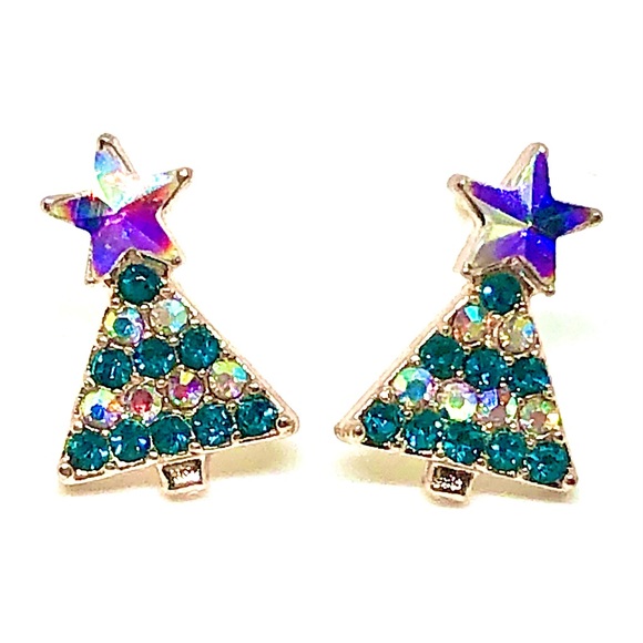 AB Rainbow and Teal Crystal Christmas Tree Rose Gold Tone Studs Stud Earrings - Picture 3 of 4